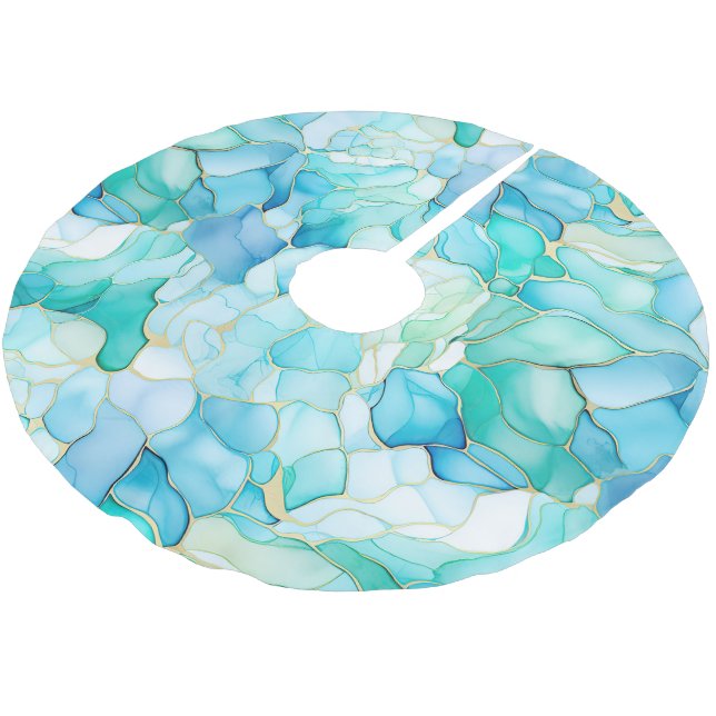 Mint Aqua Pearl Gold Marble  Brushed Polyester Tree Skirt (Angled)