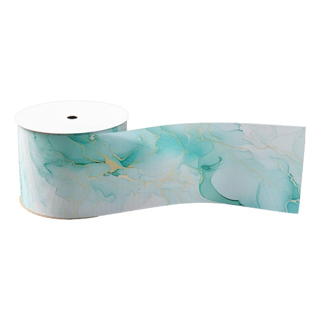 Mint Aqua Pearl Gold Marble  Grosgrain Ribbon (Spool)