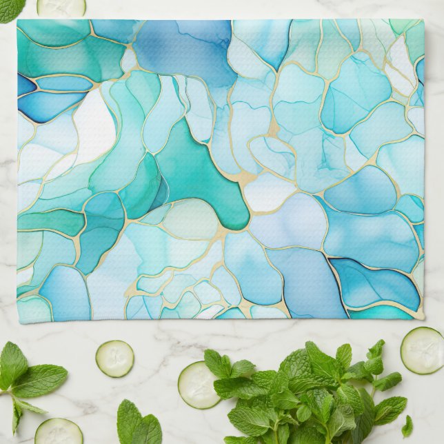 Mint Aqua Pearl Gold Marble  Kitchen Towel (Folded)