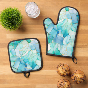 Mint Aqua Pearl Gold Marble  Oven Mitt & Pot Holder Set