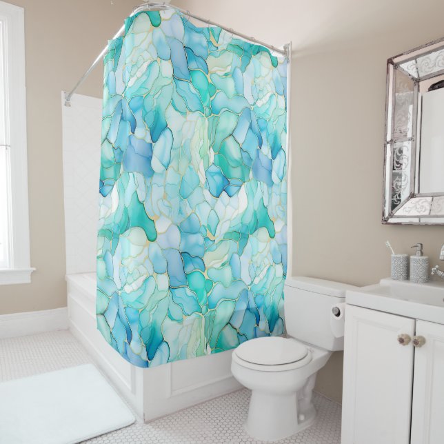 Mint Aqua Pearl Gold Marble  Shower Curtain (In Situ)