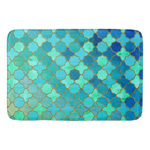 Mint Aqua Teal Gold Oriental Moroccan Tile pattern Bath Mat