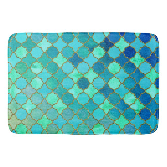 Mint Aqua Teal Gold Oriental Moroccan Tile pattern Bath Mat (Front)