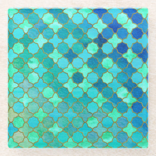 Mint Aqua Teal Gold Oriental Moroccan Tile pattern Glass Coaster