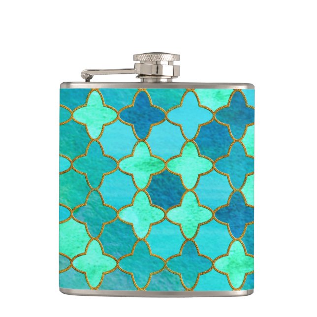 Mint Aqua Teal Gold Oriental Moroccan Tile pattern Hip Flask (Front)