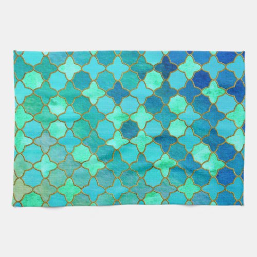 Mint Aqua Teal Gold Oriental Moroccan Tile pattern Kitchen Towel