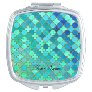 Mint Aqua Teal Gold Oriental Moroccan Tile pattern Makeup Mirror