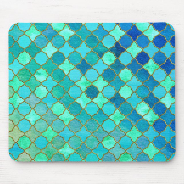 Mint Aqua Teal Gold Oriental Moroccan Tile pattern Mouse Pad (Front)