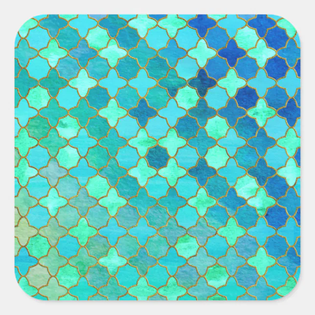 Mint Aqua Teal Gold Oriental Moroccan Tile pattern Square Sticker | Zazzle