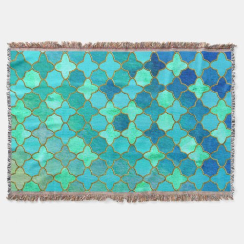 Mint Aqua Teal Gold Oriental Moroccan Tile pattern Throw Blanket