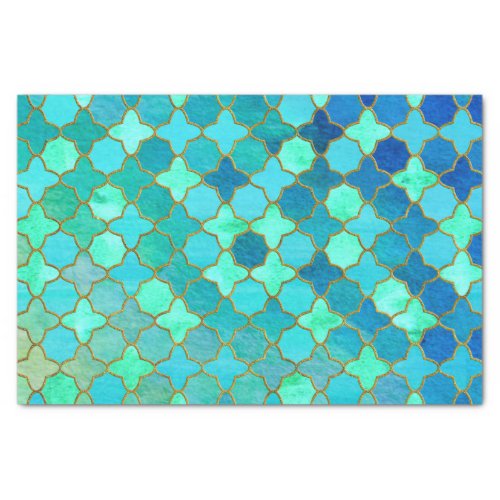 Mint Aqua Teal Gold Oriental Moroccan Tile pattern Tissue Paper