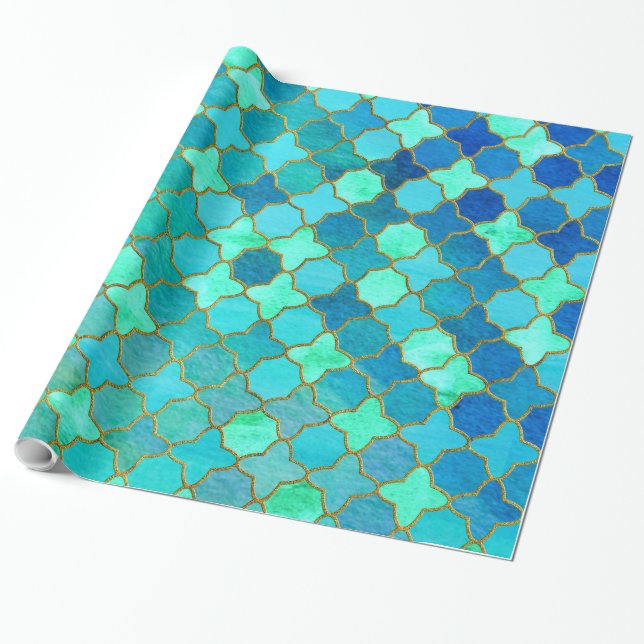 Mint Aqua Teal Gold Oriental Moroccan Tile pattern Wrapping Paper (Unrolled)