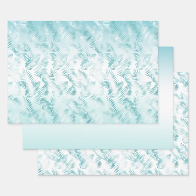 Mint Aqua White Tropical Beach Leaves             Wrapping Paper Sheets (Set)