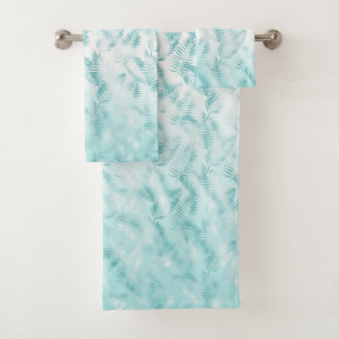 Mint Aqua White Tropical Leaves Bath Towel Set