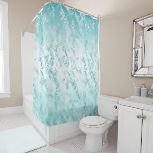 Mint Aqua White Tropical Leaves Shower Curtain