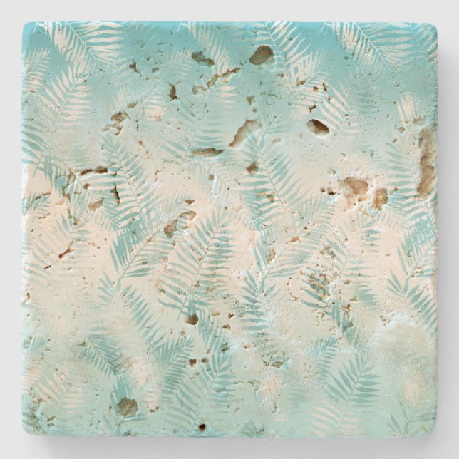 Mint Aqua White Tropical Leaves       Stone Coaster (Front)