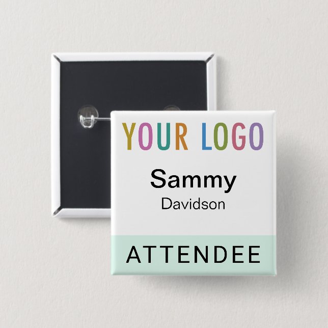 Mint Attendee Name Badge with Logo Pinback Square Button (Front & Back)