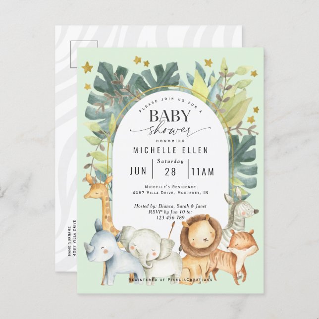 Mint baby boy shower Jungle safari animals Invitation Postcard (Front/Back)