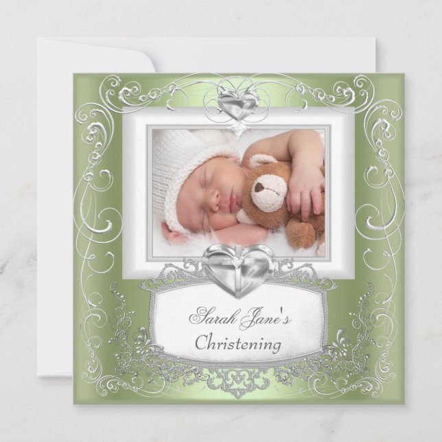 Mint Baby Girl or Boy Christening Baptism Cross Announcement (Front)