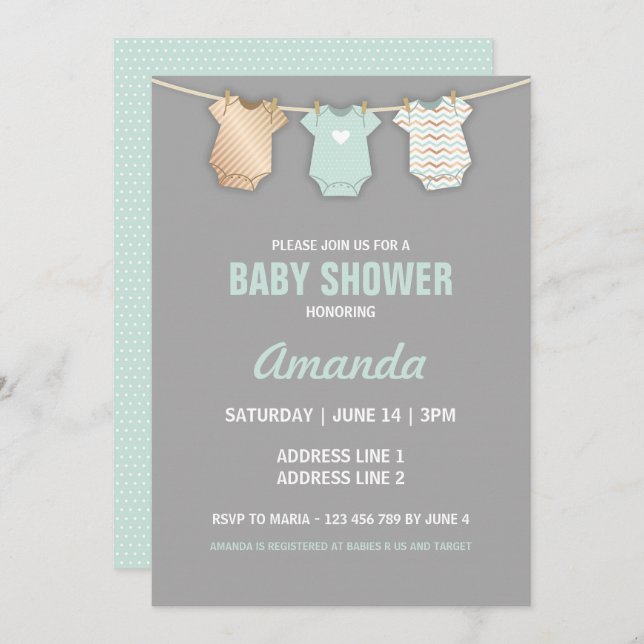 Mint Baby Shower Invitation, Clothesline Theme Invitation (Front/Back)