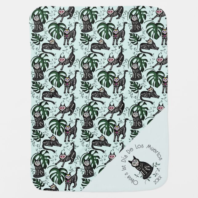 Mint Babys 1st Dia De Los Muertos Skeleton Cats Baby Blanket (Front)