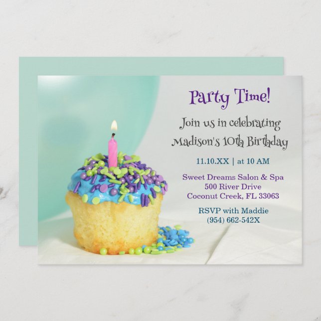 Mint Balloon blue cupcake Birthday Invitation  (Front/Back)
