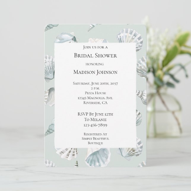 Mint Beach Ocean Sea Shells Bridal Shower Invitation (Standing Front)