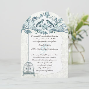 Mint Bird Cage Oak Vintage Birds Scroll Wedding Invitation