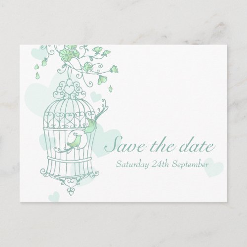 Mint birds open cage wedding save the date card