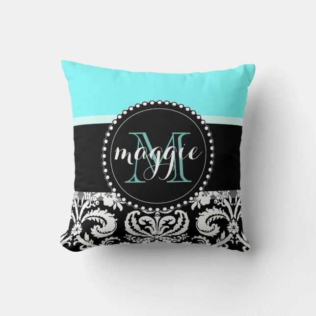 Mint Black Damask Girly Monogram Throw Pillow (Front)