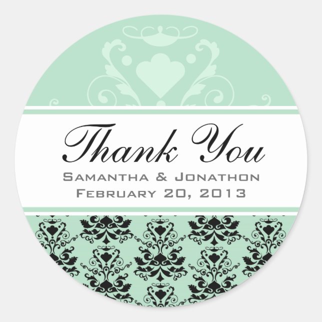 Mint & Black Damask w/ White Wedding Favor Labels (Front)