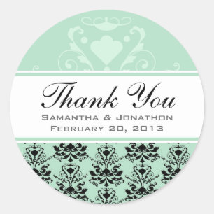 Mint & Black Damask w/ White Wedding Favor Labels