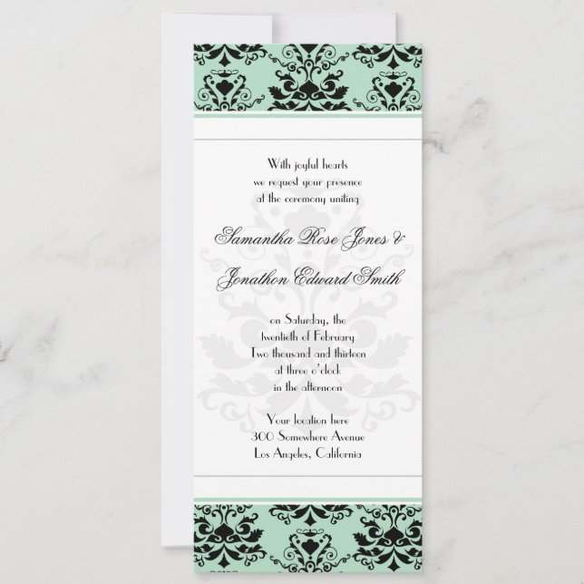 Mint & Black Damask with White Slim Wedding Invite (Front)