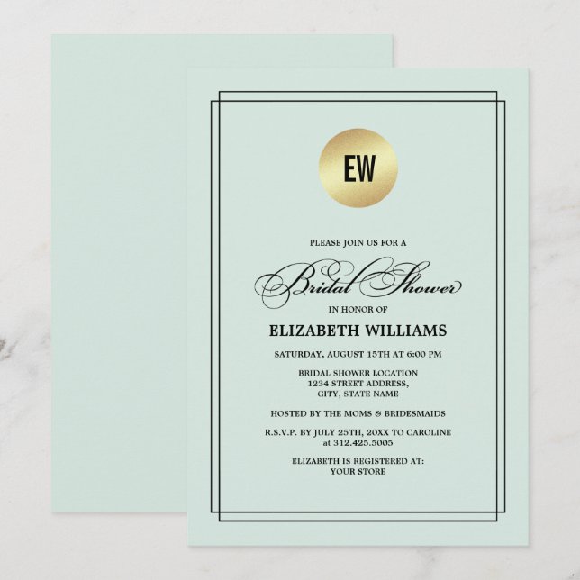 Mint | Black Elegant Minimalist Bridal Shower  Invitation (Front/Back)