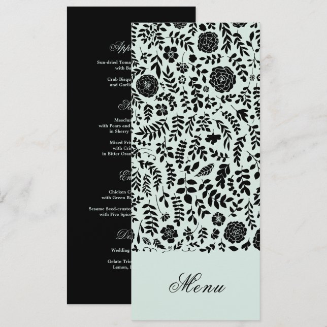 Mint | Black Floral Custom Wedding Menu Cards (Front/Back)