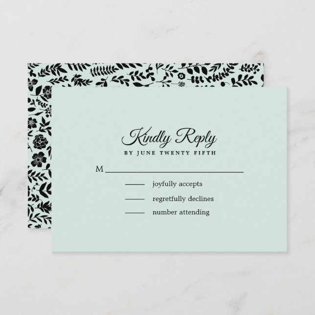 Mint | Black Floral Wedding RSVP Card (Front/Back)