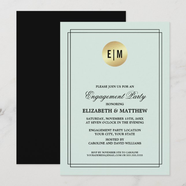 Mint, Black, Gold Foil Engagement Party Invitation (Front/Back)