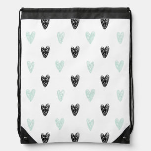 Mint & Black Hearts Doodles Pattern Drawstring Bag