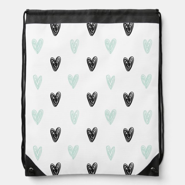 Mint & Black Hearts Doodles Pattern Drawstring Bag (Front)