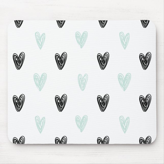 Mint & Black Hearts Doodles Pattern Mousepad (Front)