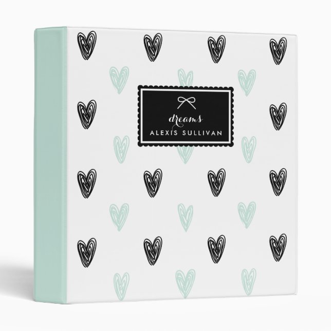 Mint & Black Hearts Doodles Pattern Personalized 3 Ring Binder (Front/Spine)