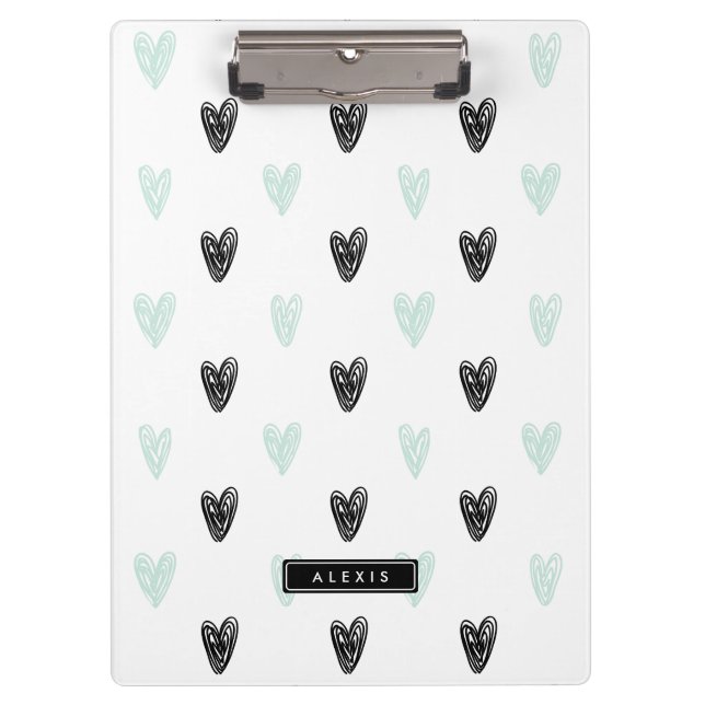 Mint & Black Hearts Doodles Pattern Personalized Clipboard (Front)