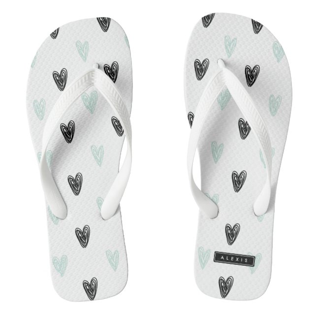 Mint & Black Hearts Doodles Pattern Personalized Flip Flops (Footbed)
