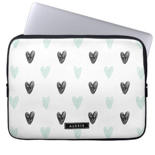 Mint & Black Hearts Doodles Pattern Personalized Laptop Sleeve
