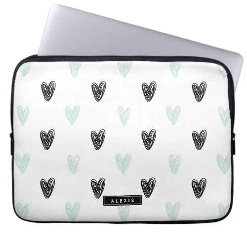 Mint  Black Hearts Doodles Pattern Personalized Laptop Sleeve