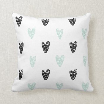 Mint & Black Hearts Doodles Pattern Personalized Throw Pillow by KeikoPrints at Zazzle