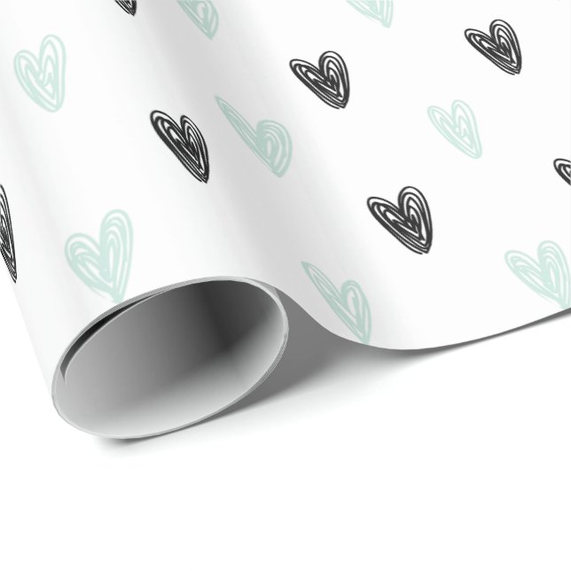 Mint & Black Hearts Doodles Pattern Wrapping Paper (Roll Corner)