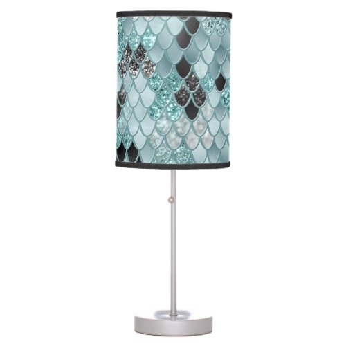 Mint Black Mermaid Scales Glam 1 Faux Glitter  Table Lamp