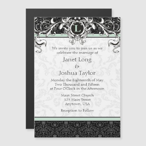 Mint Black Monogram Magnetic Wedding Invitation