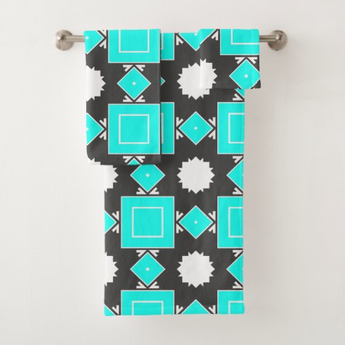 Mint Black  White Moroccan Geometric Pattern Bath Towel Set